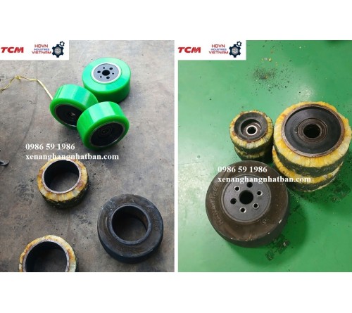 Thay bánh PU cho xe nâng điện đứng lái 1 tấn Nichiyu FRB10-60-300CS tại KCN Quế Võ, Bắc Ninh