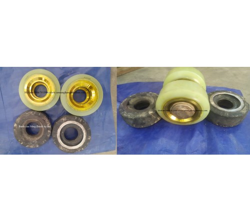 Thay bánh PU xe nâng điện đứng lái Nichiyu FBRM10