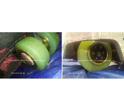Thay bánh PU xe nâng điện đứng lái Nichiyu FBRM10