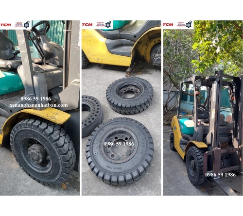 Sửa xe nâng dầu 2.5 tấn Komatsu FD25T-16: thước lái chảy dầu, thay lốp mới 700-12 SolidPlus Thái Lan tại KCN Hà Bình Phương, Thường Tín, Hà Nội