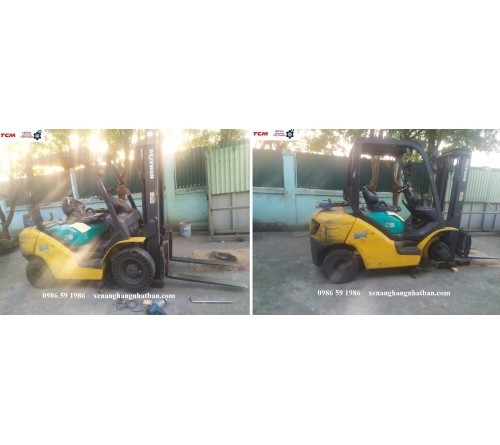 Sửa xe nâng dầu 2.5 tấn Komatsu FD25T-16: thước lái chảy dầu, thay lốp mới 700-12 SolidPlus Thái Lan tại KCN Hà Bình Phương, Thường Tín, Hà Nội