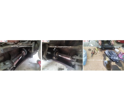 Sửa xe nâng dầu 2.5 tấn Komatsu FD25T-16: thước lái chảy dầu, thay lốp mới 700-12 SolidPlus Thái Lan tại KCN Hà Bình Phương, Thường Tín, Hà Nội