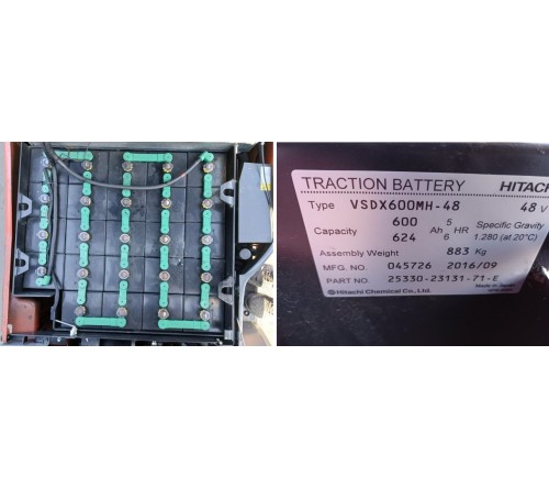 Xe nâng điện ngồi lái 2.5 tấn Toyota 7FB25 chui công dịch giá 5 mét, đã qua sử dụng, bình điện 600Ah VSDX600MH Hitachi, sản xuất tại Nhật Bản 2016/09