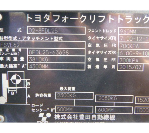 Xe nâng cũ 2.5 tấn Toyota 02-8FDL25 , T7/2015, 185h