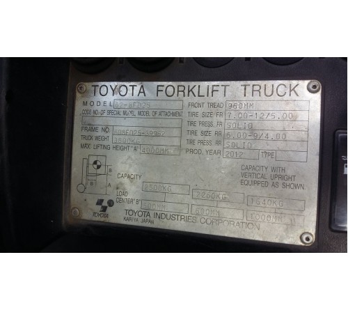 Xe nâng cũ 2.5 tấn đời cao, hãng Toyota, model 62-8FD25, động cơ 1DZ-II, 3900h, sản xuất Nhật Bản 2012 2013